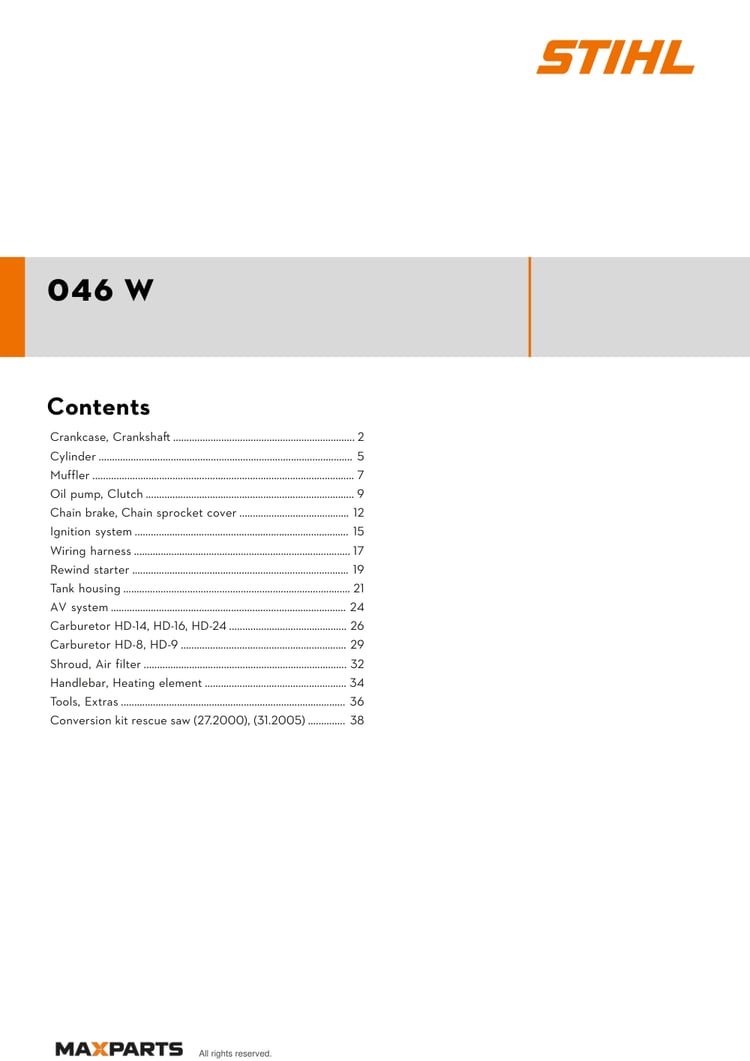 Cover of the STIHL 046 W illustrated parts catalogue PDF, showing the model name and contents.