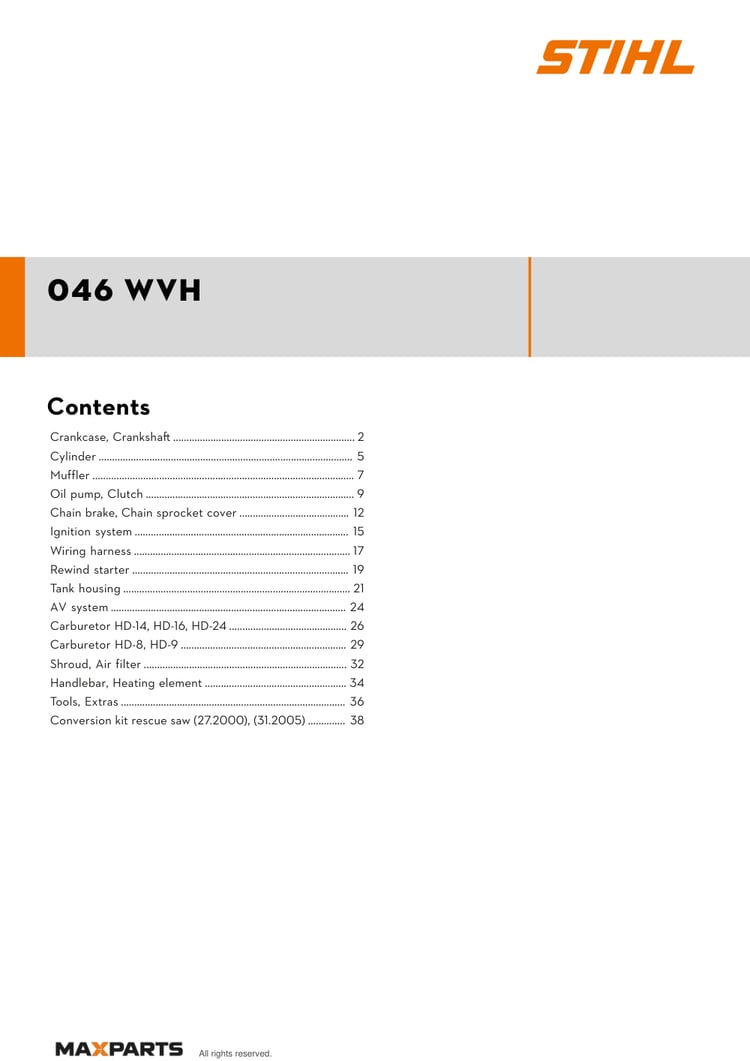 Cover of the STIHL 046 WVH illustrated parts catalogue PDF, showing the model name and contents.