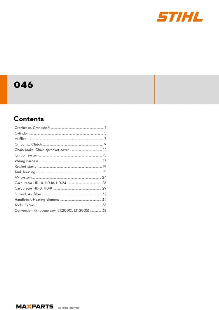 Cover of the STIHL 046 illustrated parts catalogue PDF, showing the model name and contents.