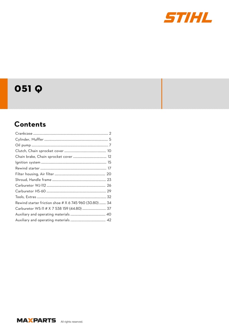 Cover of the STIHL 051 Q illustrated parts catalogue PDF, showing the model name and contents.
