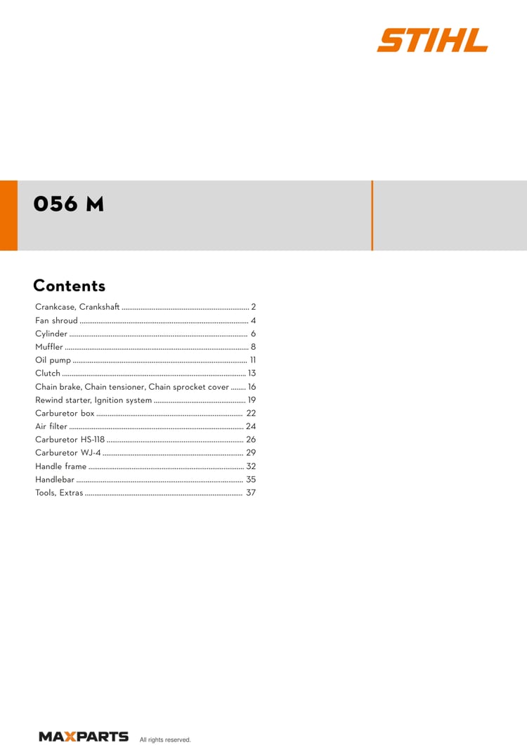Cover of the STIHL 056 M illustrated parts catalogue PDF, showing the model name and contents.