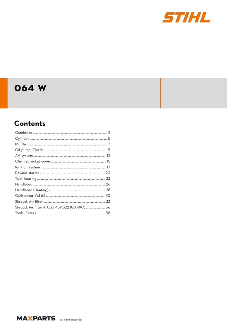 Cover of the STIHL 064 W illustrated parts catalogue PDF, showing the model name and contents.