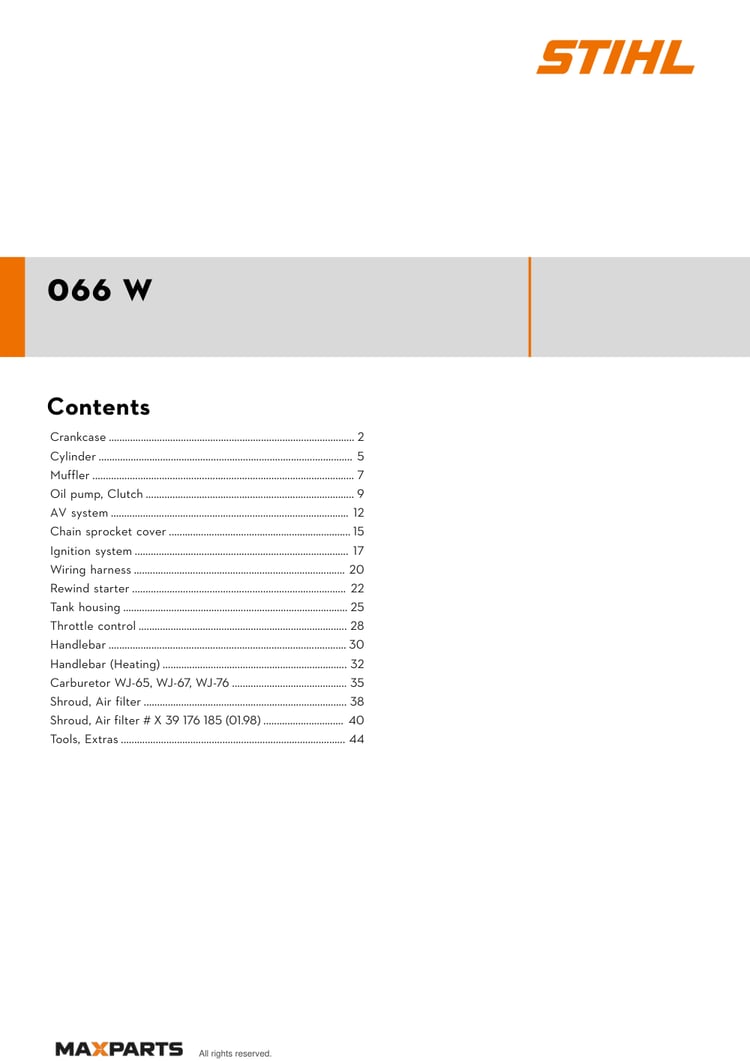 Cover of the STIHL 066 W illustrated parts catalogue PDF, showing the model name and contents.