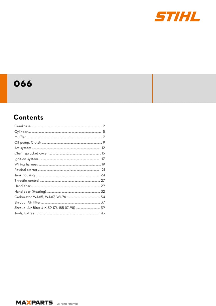Cover of the STIHL 066 illustrated parts catalogue PDF, showing the model name and contents.