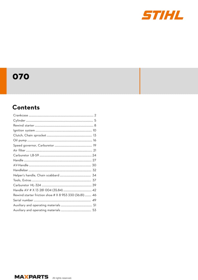 Cover of the STIHL 070 illustrated parts catalogue PDF, showing the model name and contents.
