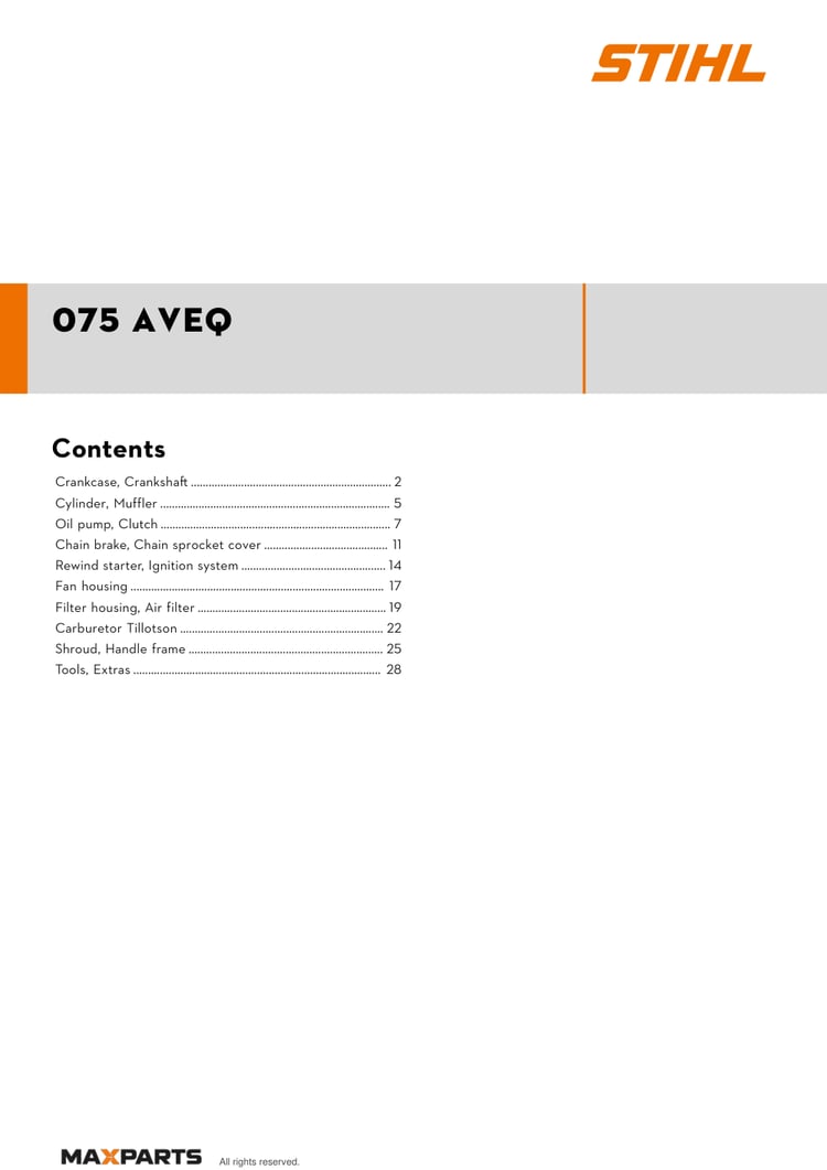 Cover of the STIHL 075 AVEQ illustrated parts catalogue PDF, showing the model name and contents.