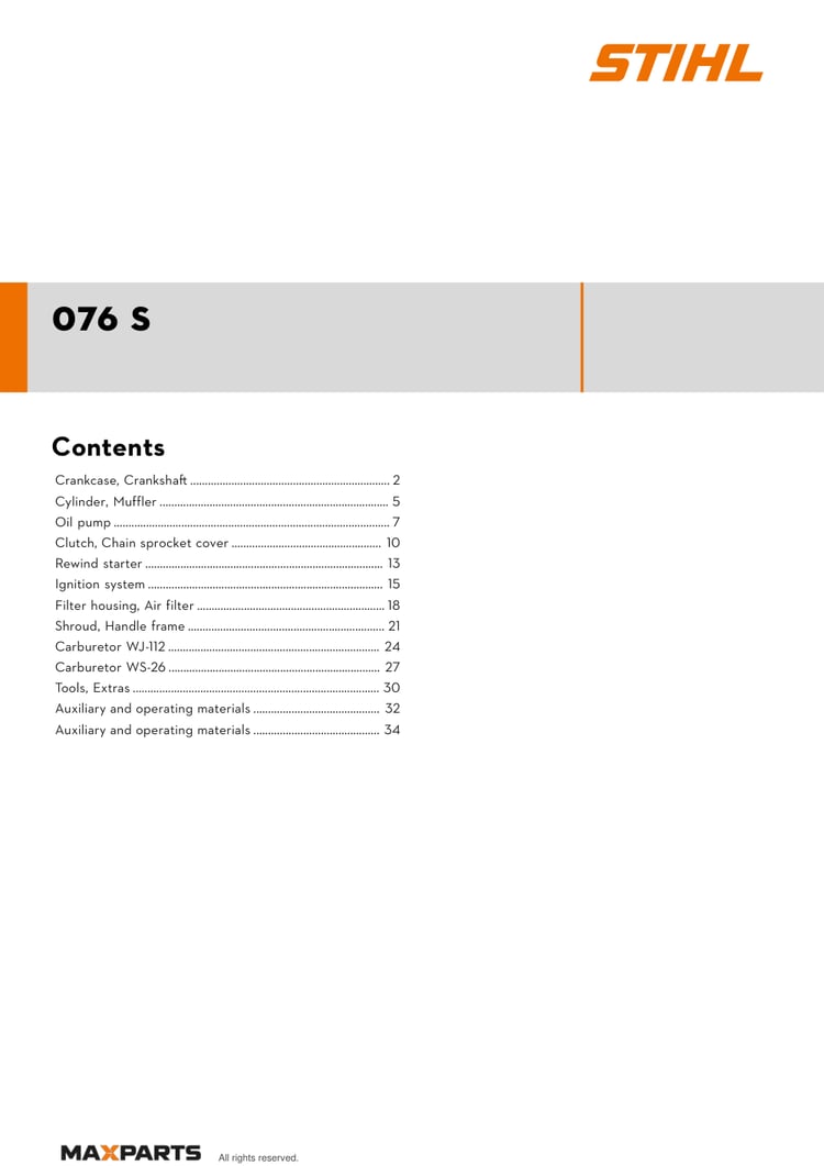 Cover of the STIHL 076 S illustrated parts catalogue PDF, showing the model name and contents.