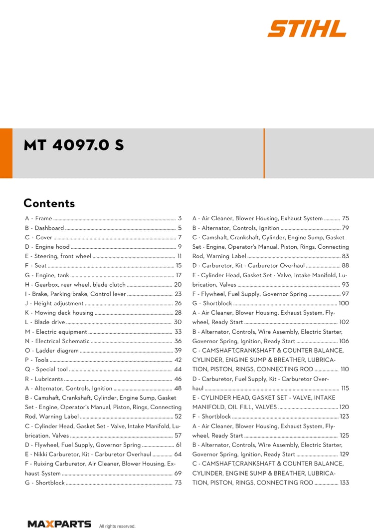 Cover of the STIHL MT 4097.0 S illustrated parts catalogue PDF, showing the model name and contents.