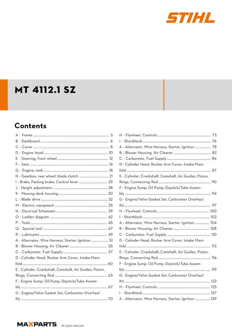 Cover of the STIHL MT 4112.1 SZ illustrated parts catalogue PDF, showing the model name and contents.