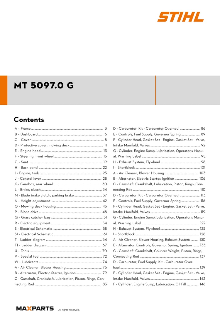 Cover of the STIHL MT 5097.0 G illustrated parts catalogue PDF, showing the model name and contents.