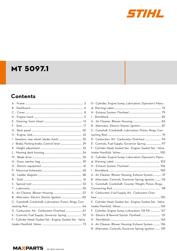 Cover of the STIHL MT 5097.1 illustrated parts catalogue PDF, showing the model name and contents.