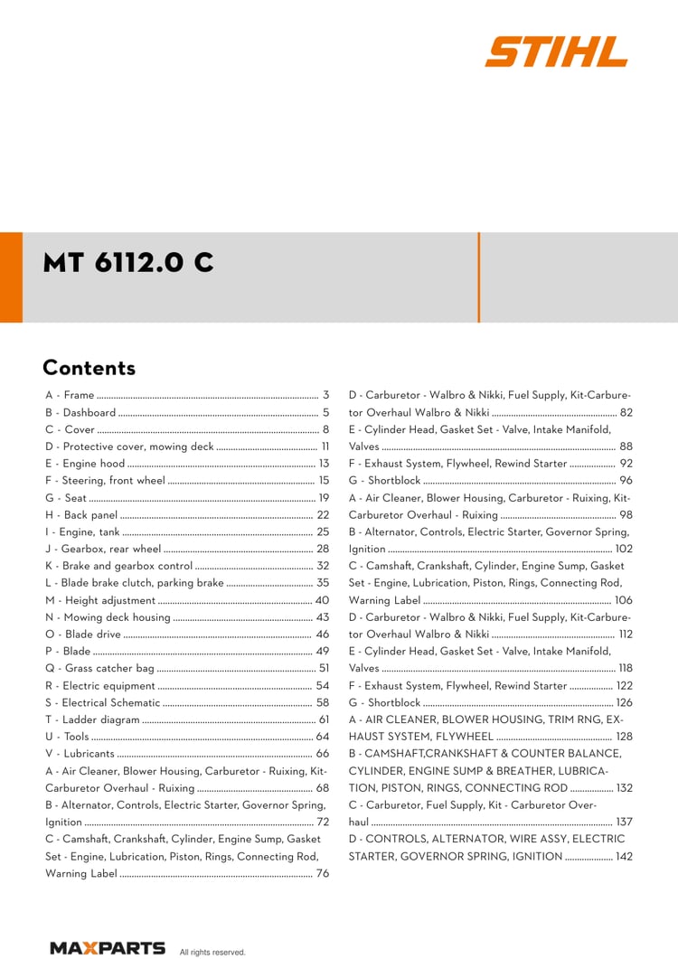 Cover of the STIHL MT 6112.0 C illustrated parts catalogue PDF, showing the model name and contents.