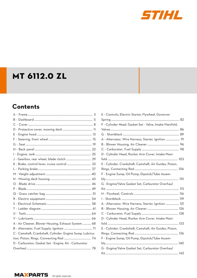 Cover of the STIHL MT 6112.0 ZL illustrated parts catalogue PDF, showing the model name and contents.