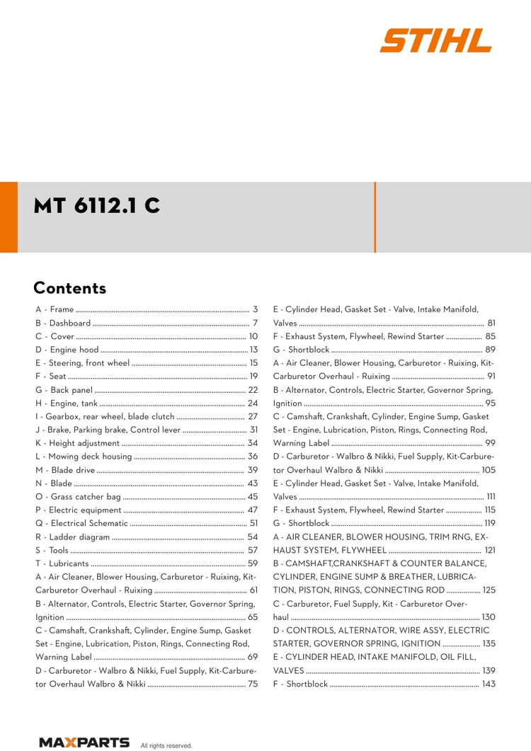 Cover of the STIHL MT 6112.1 C illustrated parts catalogue PDF, showing the model name and contents.