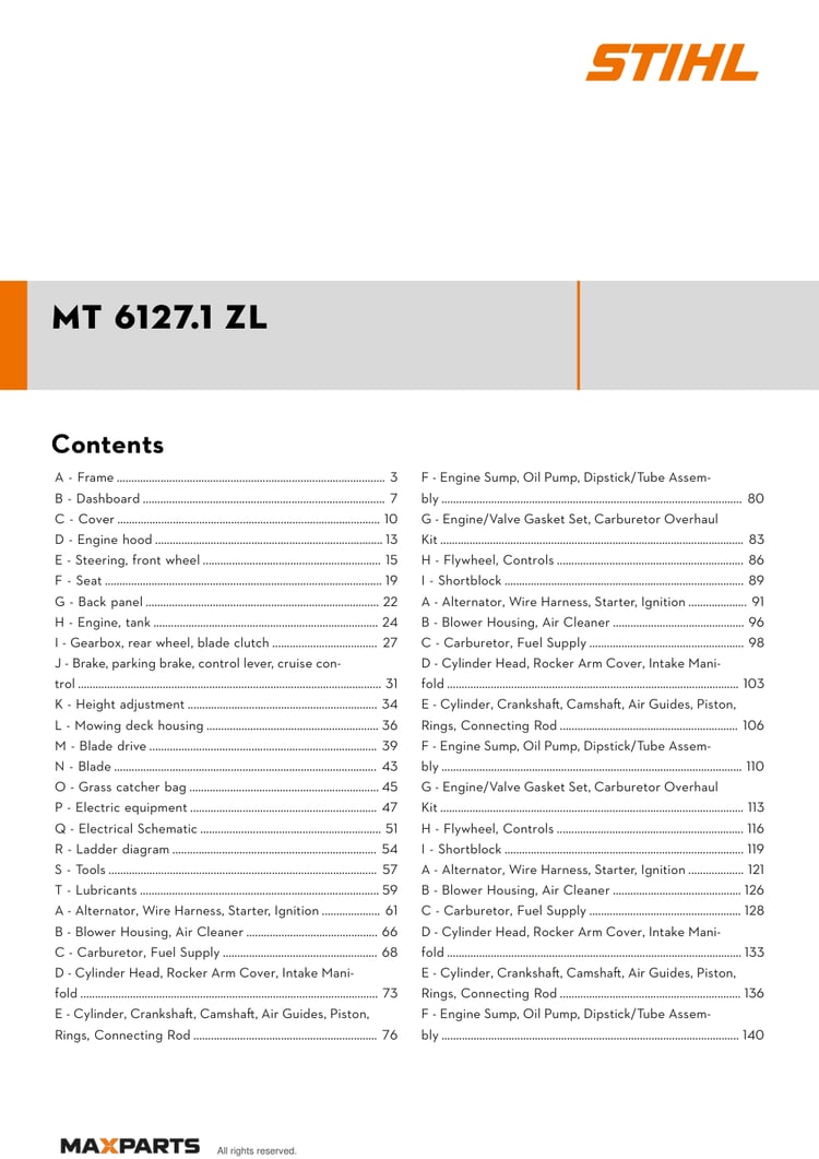 Cover of the STIHL MT 6127.1 ZL illustrated parts catalogue PDF, showing the model name and contents.