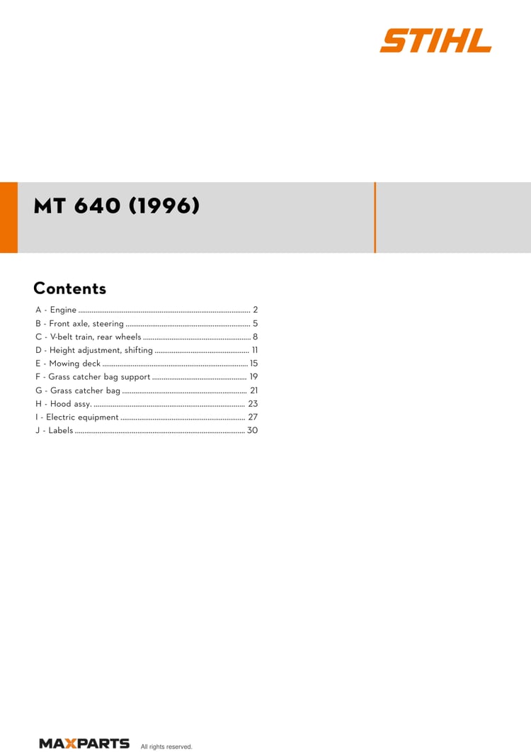 Cover of the STIHL MT 640 (1996) illustrated parts catalogue PDF, showing the model name and contents.