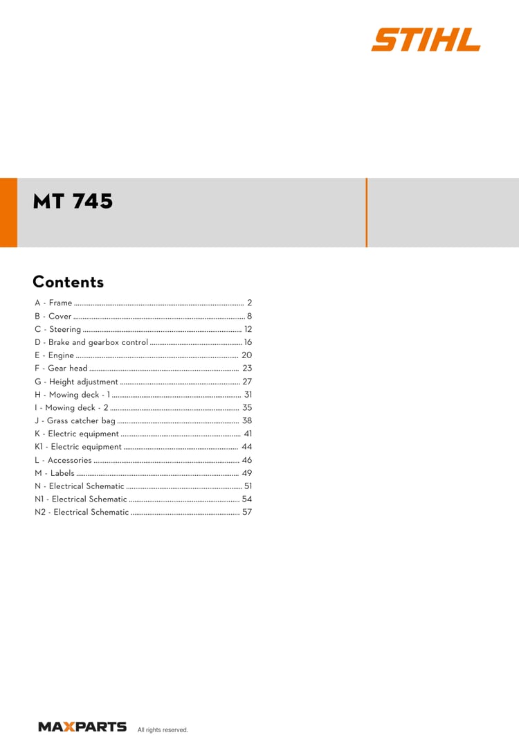 Cover of the STIHL MT 745 illustrated parts catalogue PDF, showing the model name and contents.