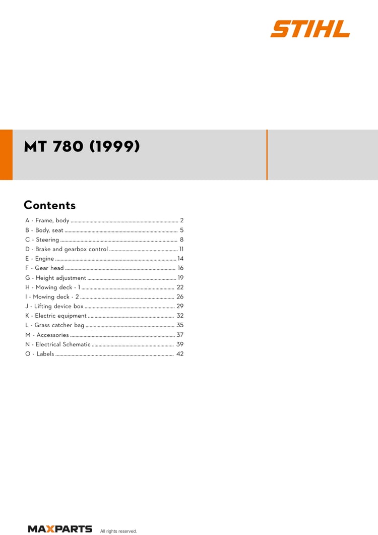 Cover of the STIHL MT 780 (1999) illustrated parts catalogue PDF, showing the model name and contents.