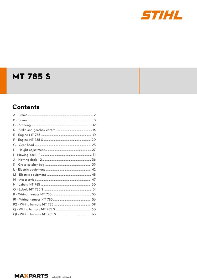 Cover of the STIHL MT 785 S illustrated parts catalogue PDF, showing the model name and contents.