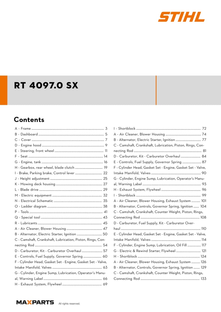 Cover of the STIHL RT 4097.0 SX illustrated parts catalogue PDF, showing the model name and contents.