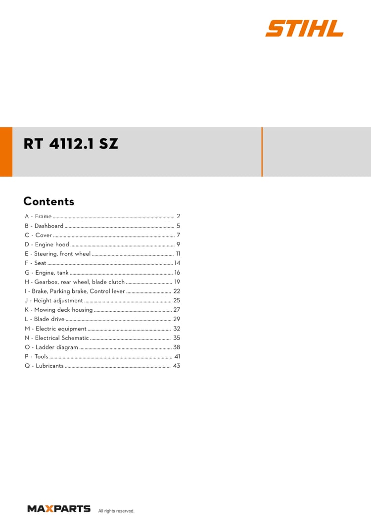 Cover of the STIHL RT 4112.1 SZ illustrated parts catalogue PDF, showing the model name and contents.