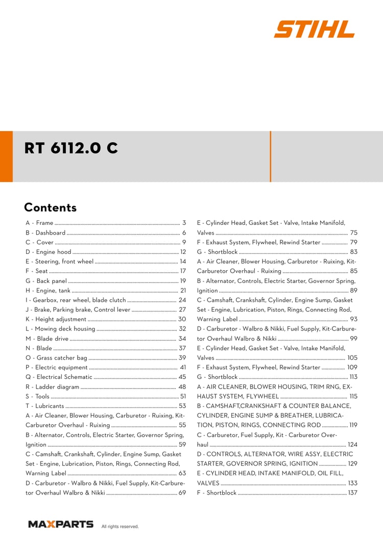 Cover of the STIHL RT 6112.0 C illustrated parts catalogue PDF, showing the model name and contents.