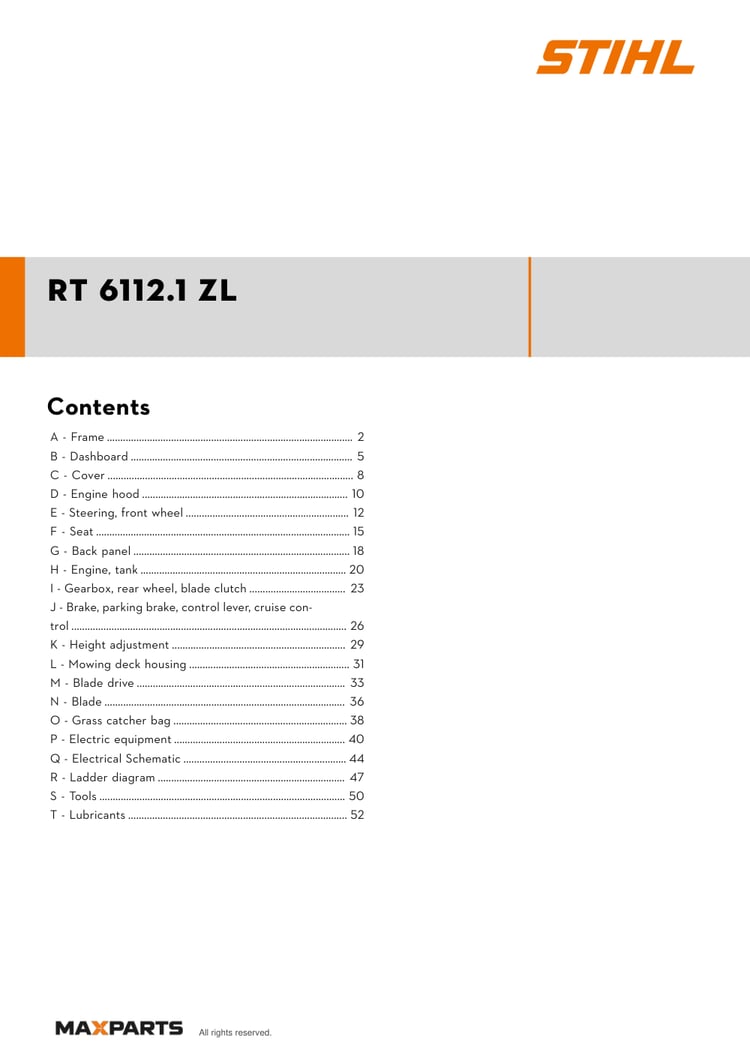 Cover of the STIHL RT 6112.1 ZL illustrated parts catalogue PDF, showing the model name and contents.