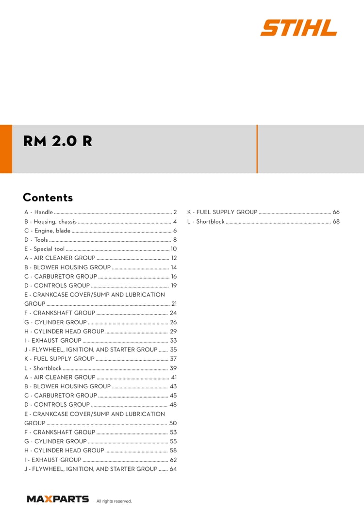 Cover of the STIHL RM 2.0 R illustrated parts catalogue PDF, showing the model name and contents.