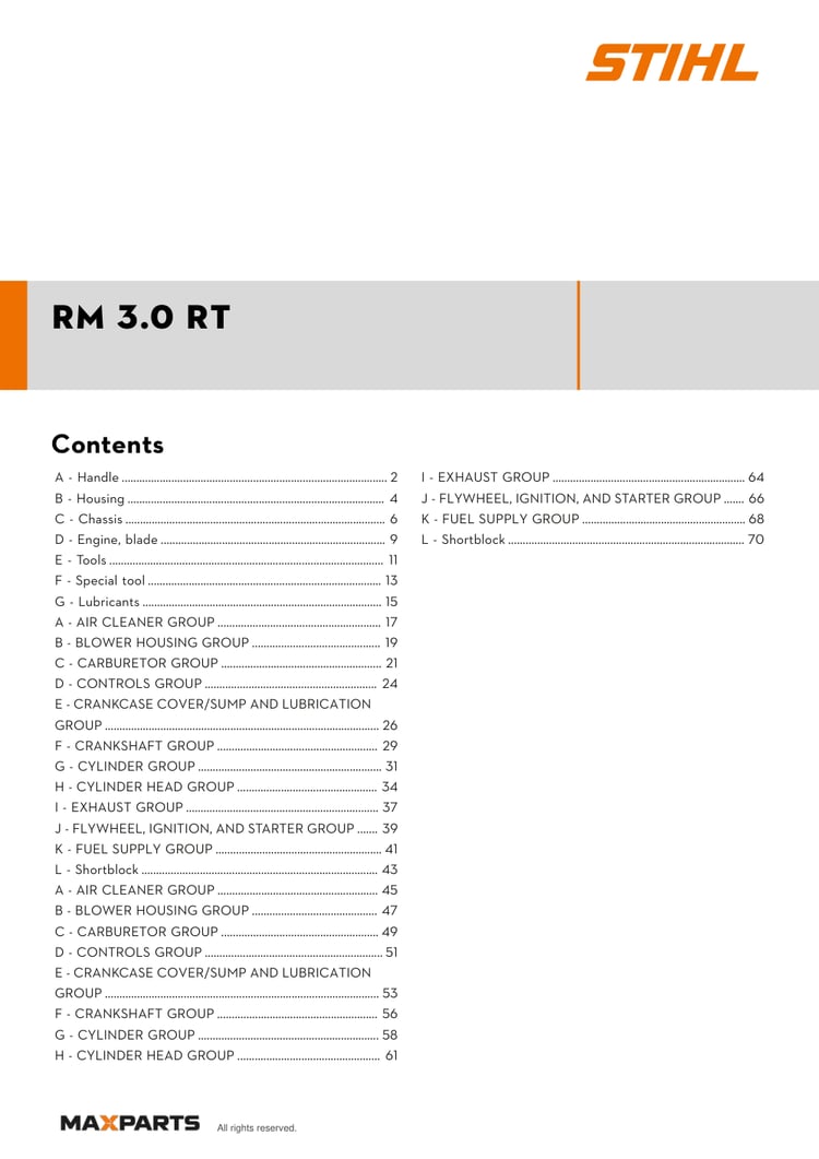 Cover of the STIHL RM 3.0 RT illustrated parts catalogue PDF, showing the model name and contents.