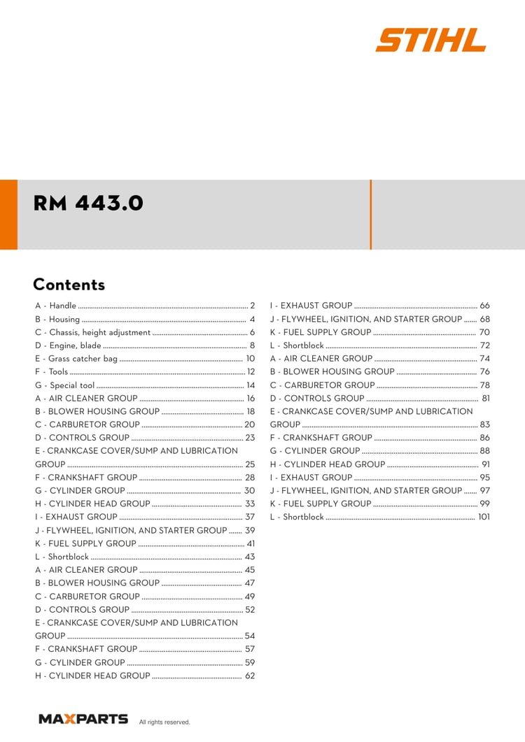 Cover of the STIHL RM 443.0 illustrated parts catalogue PDF, showing the model name and contents.