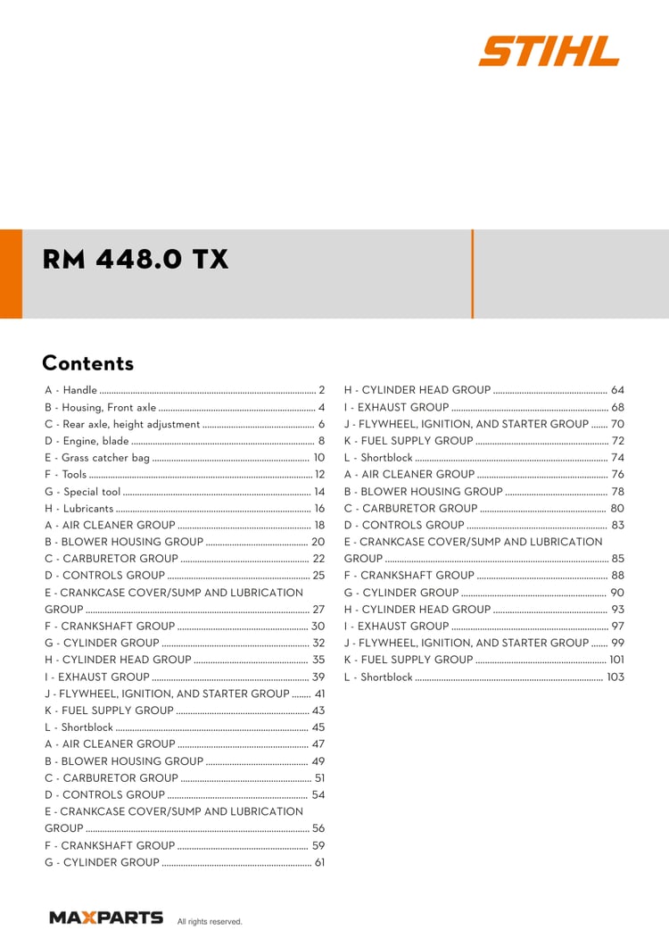 Cover of the STIHL RM 448.0 TX illustrated parts catalogue PDF, showing the model name and contents.