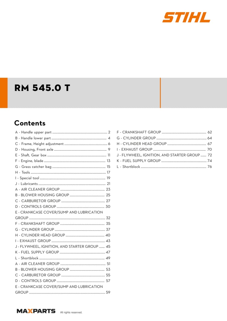 Cover of the STIHL RM 545.0 T illustrated parts catalogue PDF, showing the model name and contents.