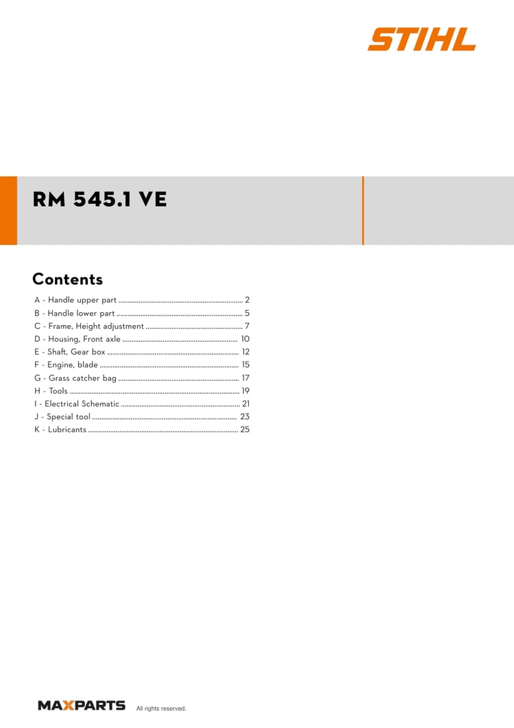 Cover of the STIHL RM 545.1 VE illustrated parts catalogue PDF, showing the model name and contents.