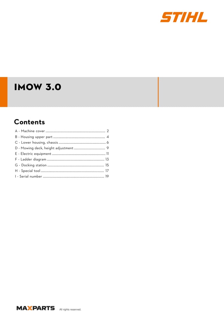 Cover of the STIHL iMOW 3.0 illustrated parts catalogue PDF, showing the model name and contents.