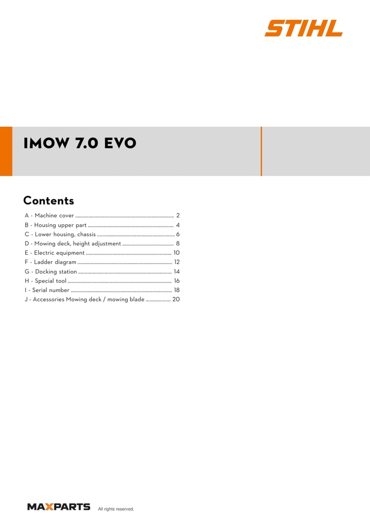 Cover of the STIHL iMOW 7.0 EVO illustrated parts catalogue PDF, showing the model name and contents.