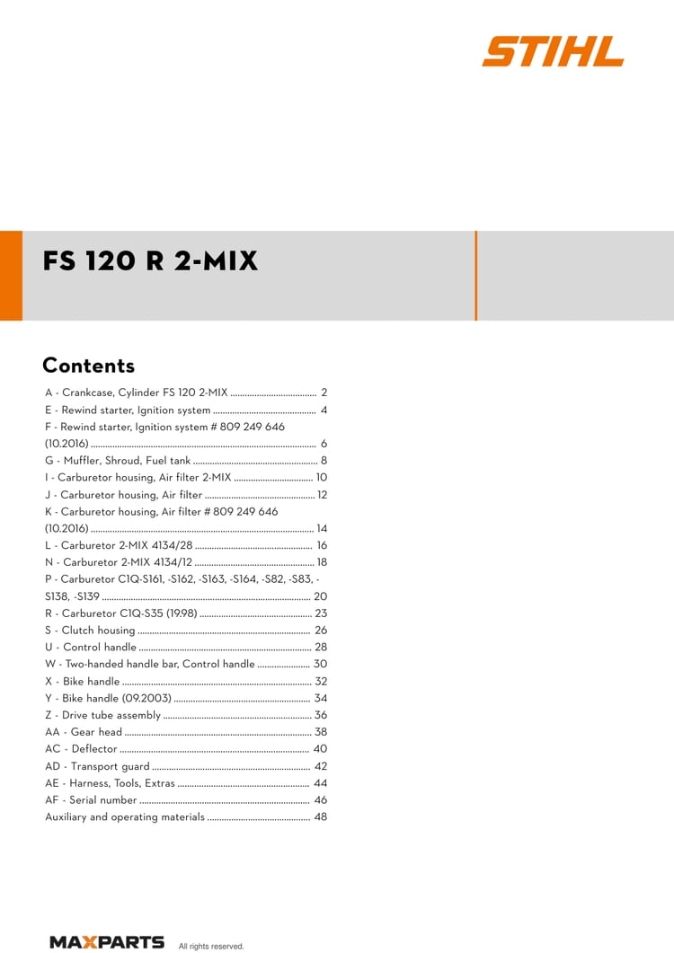 Cover of the STIHL FS 120 R 2-MIX illustrated parts catalogue PDF, showing the model name and contents.