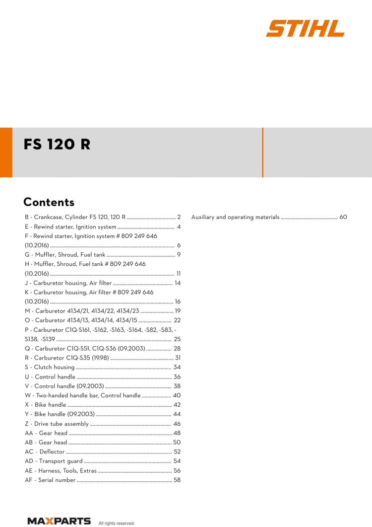 Cover of the STIHL FS 120 R illustrated parts catalogue PDF, showing the model name and contents.