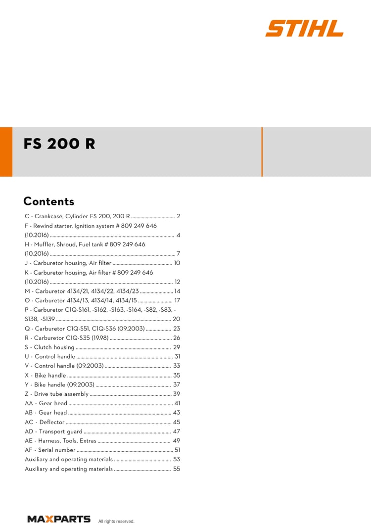 Cover of the STIHL FS 200 R illustrated parts catalogue PDF, showing the model name and contents.