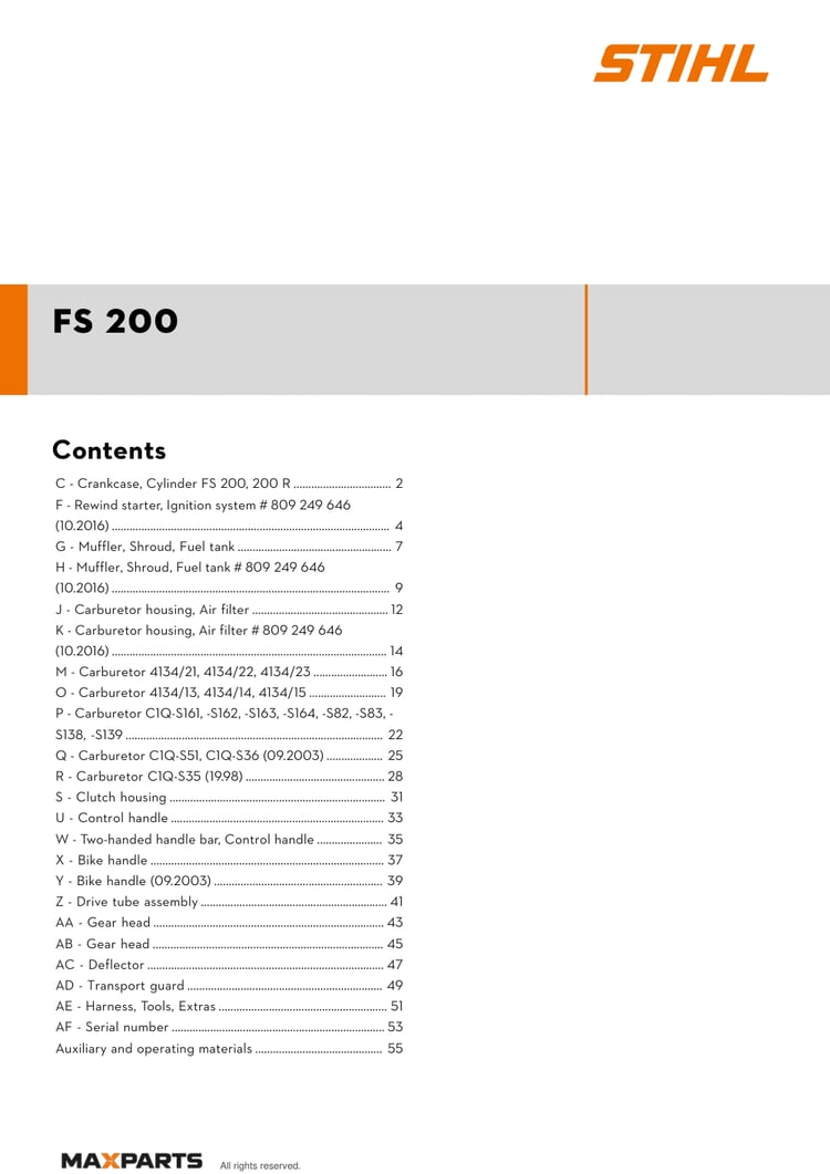 Cover of the STIHL FS 200 (ID 41340112310) illustrated parts catalogue PDF, showing the model name and contents.