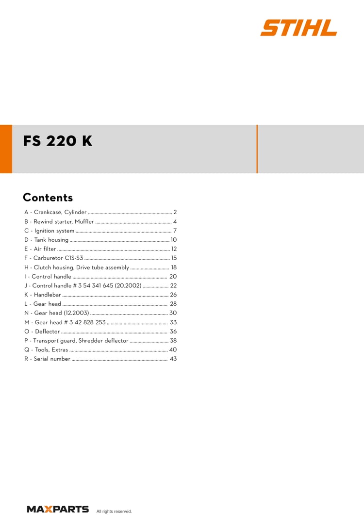 Cover of the STIHL FS 220 K illustrated parts catalogue PDF, showing the model name and contents.