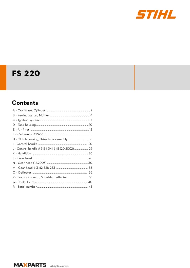 Cover of the STIHL FS 220 illustrated parts catalogue PDF, showing the model name and contents.