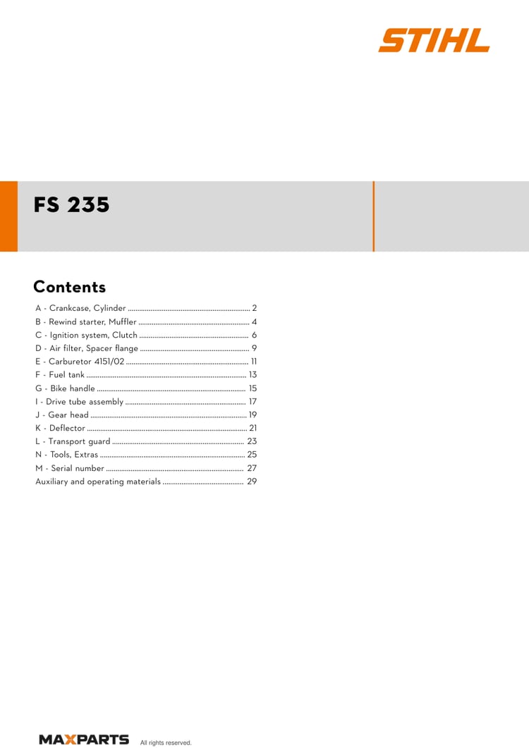 Cover of the STIHL FS 235 illustrated parts catalogue PDF, showing the model name and contents.