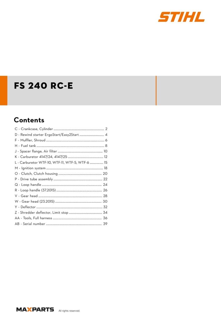 Cover of the STIHL FS 240 RC-E illustrated parts catalogue PDF, showing the model name and contents.