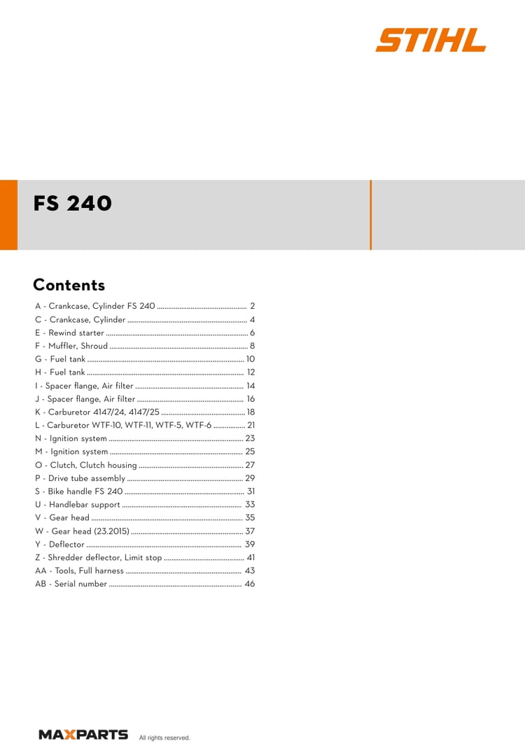 Cover of the STIHL FS 240 illustrated parts catalogue PDF, showing the model name and contents.