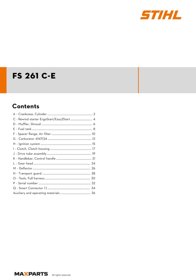 Cover of the STIHL FS 261 C-E illustrated parts catalogue PDF, showing the model name and contents.
