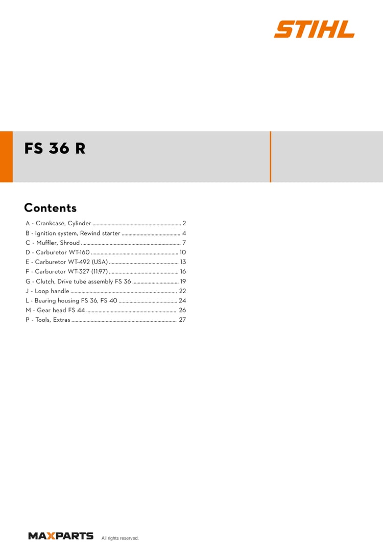 Cover of the STIHL FS 36 R illustrated parts catalogue PDF, showing the model name and contents.