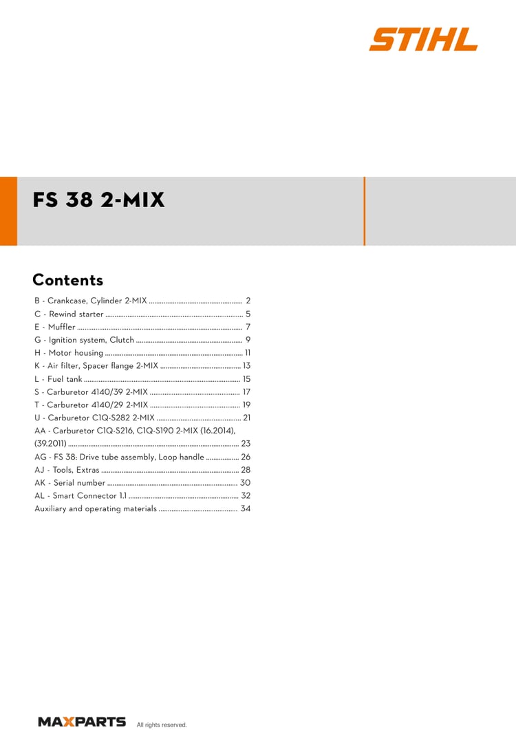 Cover of the STIHL FS 38 2-MIX illustrated parts catalogue PDF, showing the model name and contents.