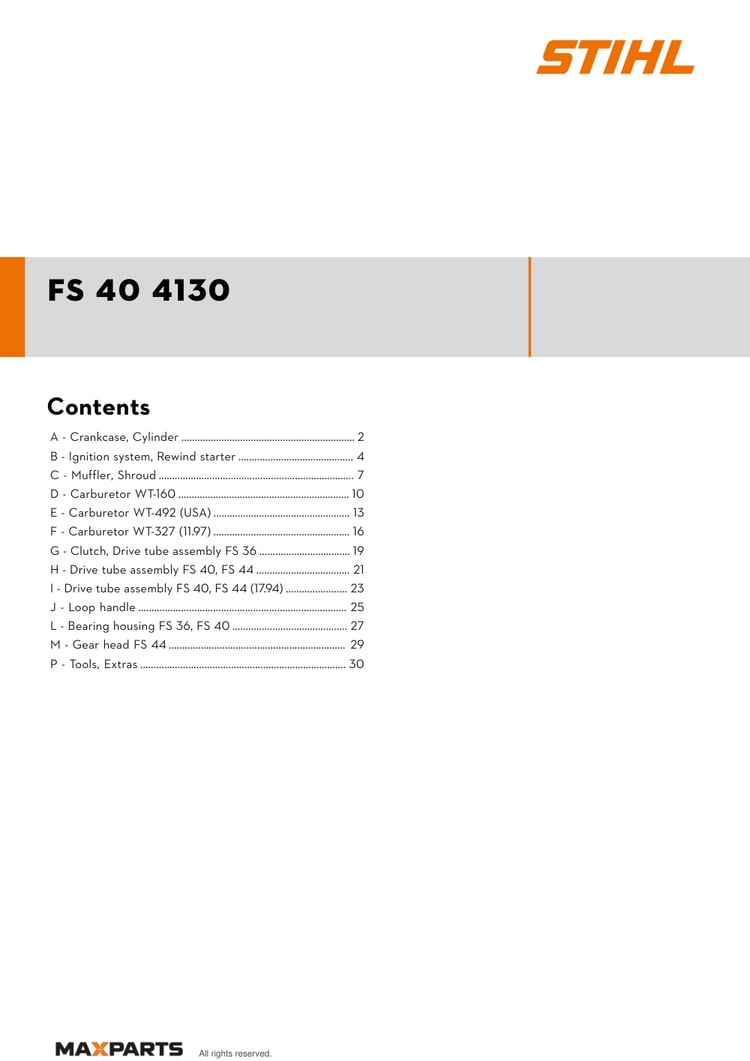 Cover of the STIHL FS 40 4130 illustrated parts catalogue PDF, showing the model name and contents.