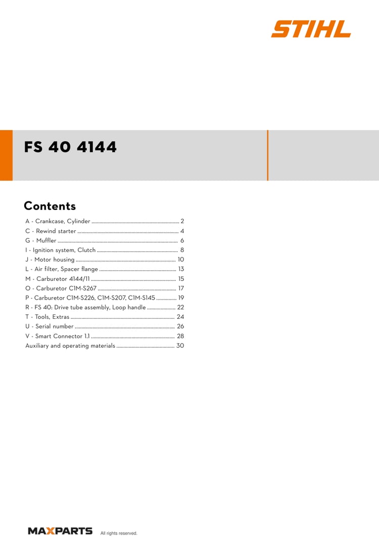 Cover of the STIHL FS 40 4144 illustrated parts catalogue PDF, showing the model name and contents.