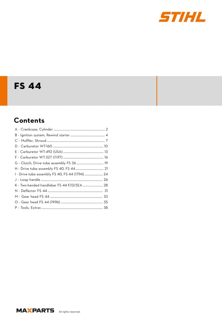 Cover of the STIHL FS 44 illustrated parts catalogue PDF, showing the model name and contents.